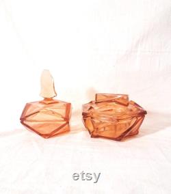Art Deco Old Rose Coloured Czech Glass Dressing Table Pots