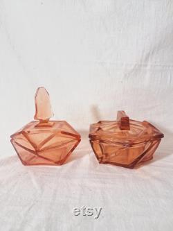 Art Deco Old Rose Coloured Czech Glass Dressing Table Pots
