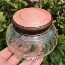 Art Deco Powder Jar, Sunburst Coral Enamelled Guilloche Copper Lid, Hand Cut Crystal, Star Base, Circa 1910, Charming Antique Gift, 3 x 4