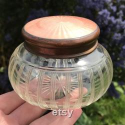 Art Deco Powder Jar, Sunburst Coral Enamelled Guilloche Copper Lid, Hand Cut Crystal, Star Base, Circa 1910, Charming Antique Gift, 3 x 4