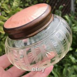 Art Deco Powder Jar, Sunburst Coral Enamelled Guilloche Copper Lid, Hand Cut Crystal, Star Base, Circa 1910, Charming Antique Gift, 3 x 4