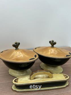 Art Deco Pryalin Sheraton 3 Piece Vanity Set Powder, Trinket Box and Nail Buffer