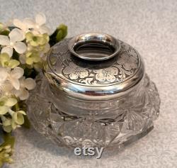 Art Deco Silver Glass Hair Receiver Dresser Jar with Pansies, Silver Vanity Jar, Jar Cotton Ball Holder Jar, Jar for Potpourri