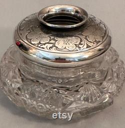 Art Deco Silver Glass Hair Receiver Dresser Jar with Pansies, Silver Vanity Jar, Jar Cotton Ball Holder Jar, Jar for Potpourri