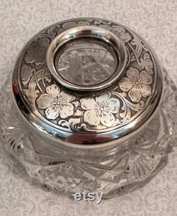 Art Deco Silver Glass Hair Receiver Dresser Jar with Pansies, Silver Vanity Jar, Jar Cotton Ball Holder Jar, Jar for Potpourri