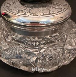 Art Deco Silver Glass Hair Receiver Dresser Jar with Pansies, Silver Vanity Jar, Jar Cotton Ball Holder Jar, Jar for Potpourri