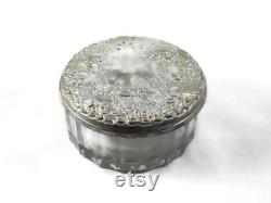 Art Deco Silver Plated Glass Powder Jar with Mirror and Puff, Art Decor Powder Jar, Art Decor Vanity Decor, Silver Plated Lid