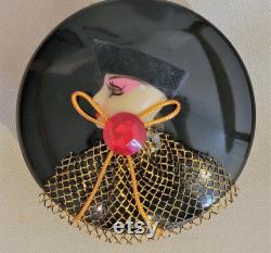 Art Deco Style Applied 3D Woman , Envelope Hat, Gold Lace and Ribbon on Hinged Round Plastic Box