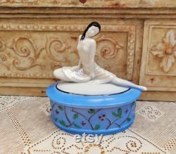 Art Deco Style Porcelain Bathing Beauty Trinket Powder Box, Pearl Lustre, Blue Green Leaf.