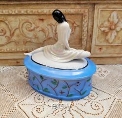 Art Deco Style Porcelain Bathing Beauty Trinket Powder Box, Pearl Lustre, Blue Green Leaf.