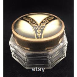 Art Deco Vanity Powder Jar Glass Octagon Black Gold Lid 2.5 x 1.5 in Vintage