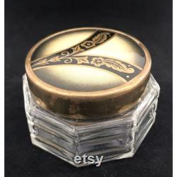 Art Deco Vanity Powder Jar Glass Octagon Black Gold Lid 2.5 x 1.5 in Vintage