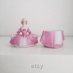 Art Deco porcelain pink crinoline Lady powder jar trinket box