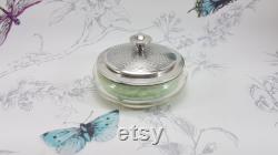 Art Deco powder bowl, round glass powder bowl with engine turned sterling silver lid, 1920s mirrored silver lid powder box