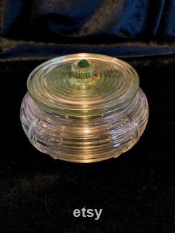 Art Deco round glass powder box with pale green glass lid