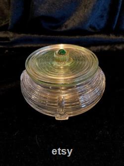 Art Deco round glass powder box with pale green glass lid