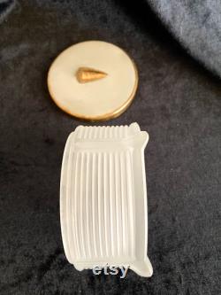 Art Deco satin glass powder box with enamel and brass lid