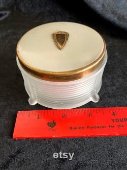 Art Deco satin glass powder box with enamel and brass lid