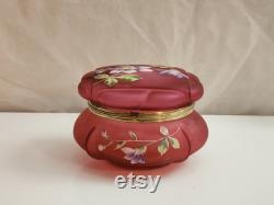 Art Nouveau Antique Pink Satin Glass Vanity Powder Jar Embossed Enameled Rose Pink Dresser Box Pink Glass Jewellery Trinkets Box 1890s