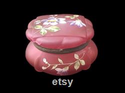 Art Nouveau Antique Pink Satin Glass Vanity Powder Jar Embossed Enameled Rose Pink Dresser Box Pink Glass Jewellery Trinkets Box 1890s