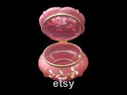 Art Nouveau Antique Pink Satin Glass Vanity Powder Jar Embossed Enameled Rose Pink Dresser Box Pink Glass Jewellery Trinkets Box 1890s