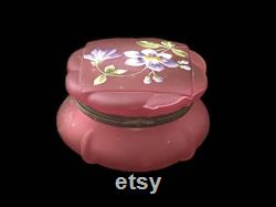 Art Nouveau Antique Pink Satin Glass Vanity Powder Jar Embossed Enameled Rose Pink Dresser Box Pink Glass Jewellery Trinkets Box 1890s