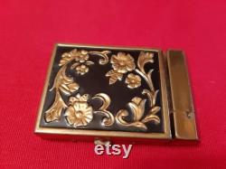 Art Nouveau Golden Metallic Ladies Rice Powder Box with Black Enamel