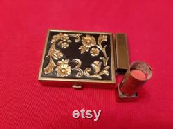 Art Nouveau Golden Metallic Ladies Rice Powder Box with Black Enamel