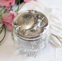 Art Nouveau Sterling Silver Repousse Crystal Vanity Jar, Powder Jar, Maiden