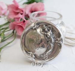 Art Nouveau Sterling Silver Repousse Crystal Vanity Jar, Powder Jar, Maiden