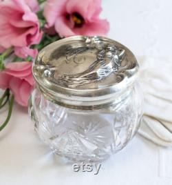 Art Nouveau Sterling Silver Repousse Crystal Vanity Jar, Powder Jar, Maiden