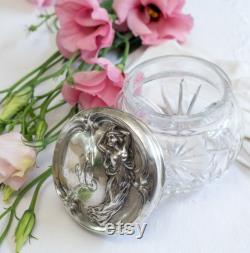 Art Nouveau Sterling Silver Repousse Crystal Vanity Jar, Powder Jar, Maiden