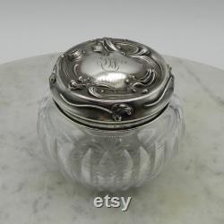 Art Nouveau Sterling Silver and Cut Glass Repousse Powder Jar