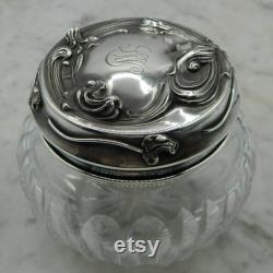 Art Nouveau Sterling Silver and Cut Glass Repousse Powder Jar