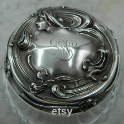 Art Nouveau Sterling Silver and Cut Glass Repousse Powder Jar