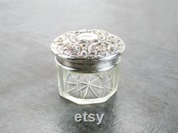 Art Nouveau Vanity Powder Jar, Sterling Silver Floral Repoussé Lid with Cut Glass Bottom, Antique Dominick and Haff witho Mono