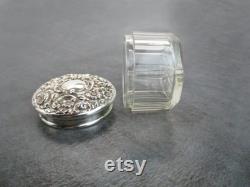 Art Nouveau Vanity Powder Jar, Sterling Silver Floral Repoussé Lid with Cut Glass Bottom, Antique Dominick and Haff witho Mono
