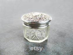 Art Nouveau Vanity Powder Jar, Sterling Silver Floral Repoussé Lid with Cut Glass Bottom, Antique Dominick and Haff witho Mono