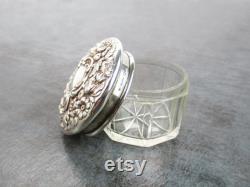 Art Nouveau Vanity Powder Jar, Sterling Silver Floral Repoussé Lid with Cut Glass Bottom, Antique Dominick and Haff witho Mono