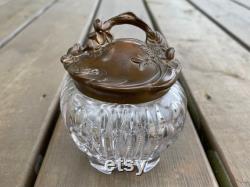As is Antique c1920s Art Nouveau Cut Glass Floral Powder Jar Dresser Jar Powder Box Retro Vanity