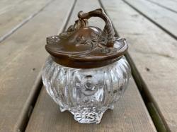 As is Antique c1920s Art Nouveau Cut Glass Floral Powder Jar Dresser Jar Powder Box Retro Vanity