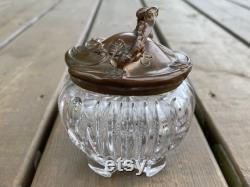 As is Antique c1920s Art Nouveau Cut Glass Floral Powder Jar Dresser Jar Powder Box Retro Vanity