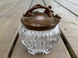 As is Antique c1920s Art Nouveau Cut Glass Floral Powder Jar Dresser Jar Powder Box Retro Vanity