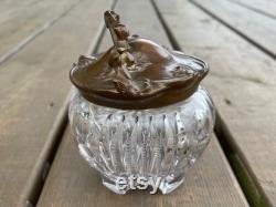 As is Antique c1920s Art Nouveau Cut Glass Floral Powder Jar Dresser Jar Powder Box Retro Vanity