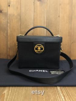 Authentic CHANEL Black Caviar Leather Shoulder Vanity Case Handbag