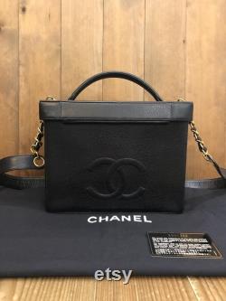 Authentic CHANEL Black Caviar Leather Shoulder Vanity Case Handbag