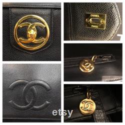 Authentic CHANEL Black Caviar Leather Shoulder Vanity Case Handbag