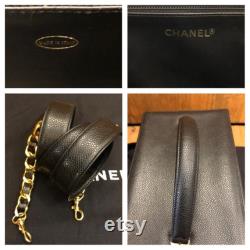 Authentic CHANEL Black Caviar Leather Shoulder Vanity Case Handbag