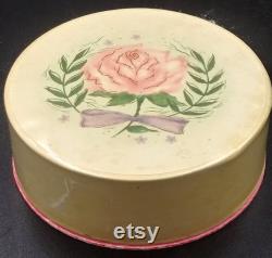 Avon Face Powder Natural Rosy Shade. Pink Rose top on cream color hard plastic container box with lid. Pink Trim. Vintage. Usable