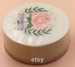 Avon Face Powder Natural Rosy Shade. Pink Rose top on cream color hard plastic container box with lid. Pink Trim. Vintage. Usable